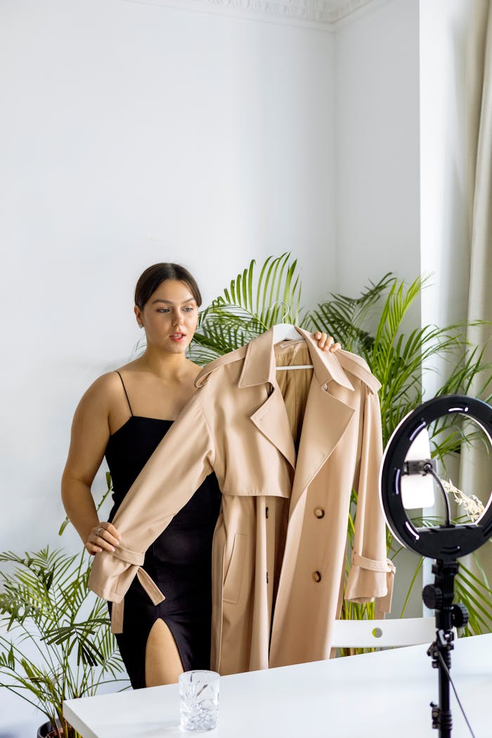 A fashionable woman vlogging about a stylish beige trench coat indoors.