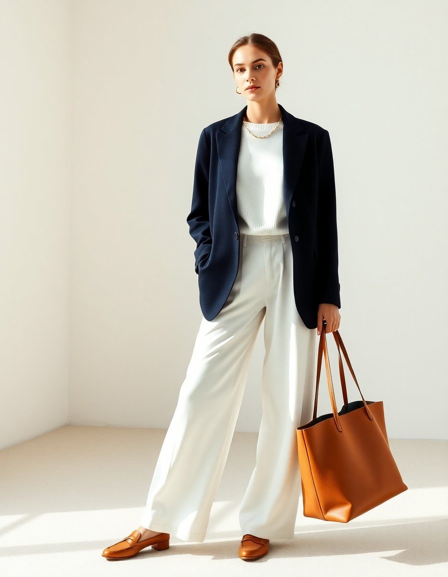 The Crisp Navy Blazer and White Wide-Leg Trouser Pairing