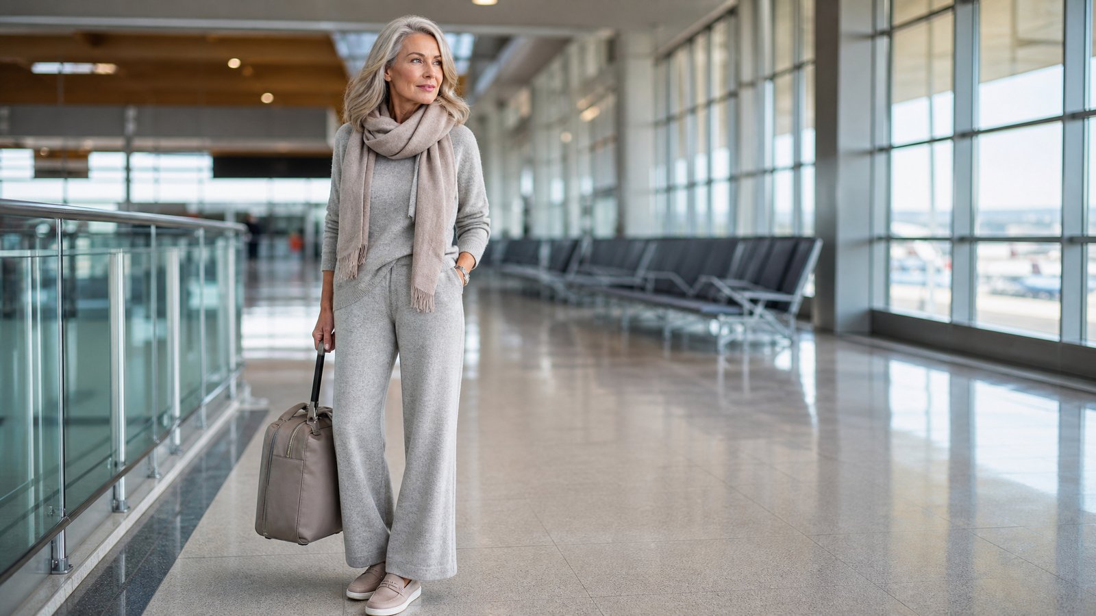 Stylish woman over 50 in a comfortable knit travel outfit at a bright airport terminal, airplane outfit ideas