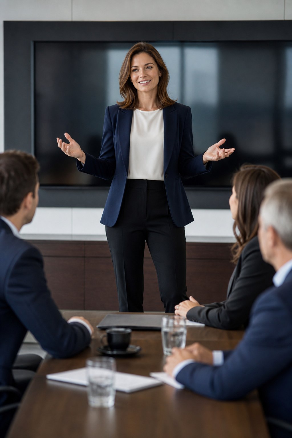 Young professional woman in an early 30s wearing a navy structured blazer over a cream blouse for a client presentation