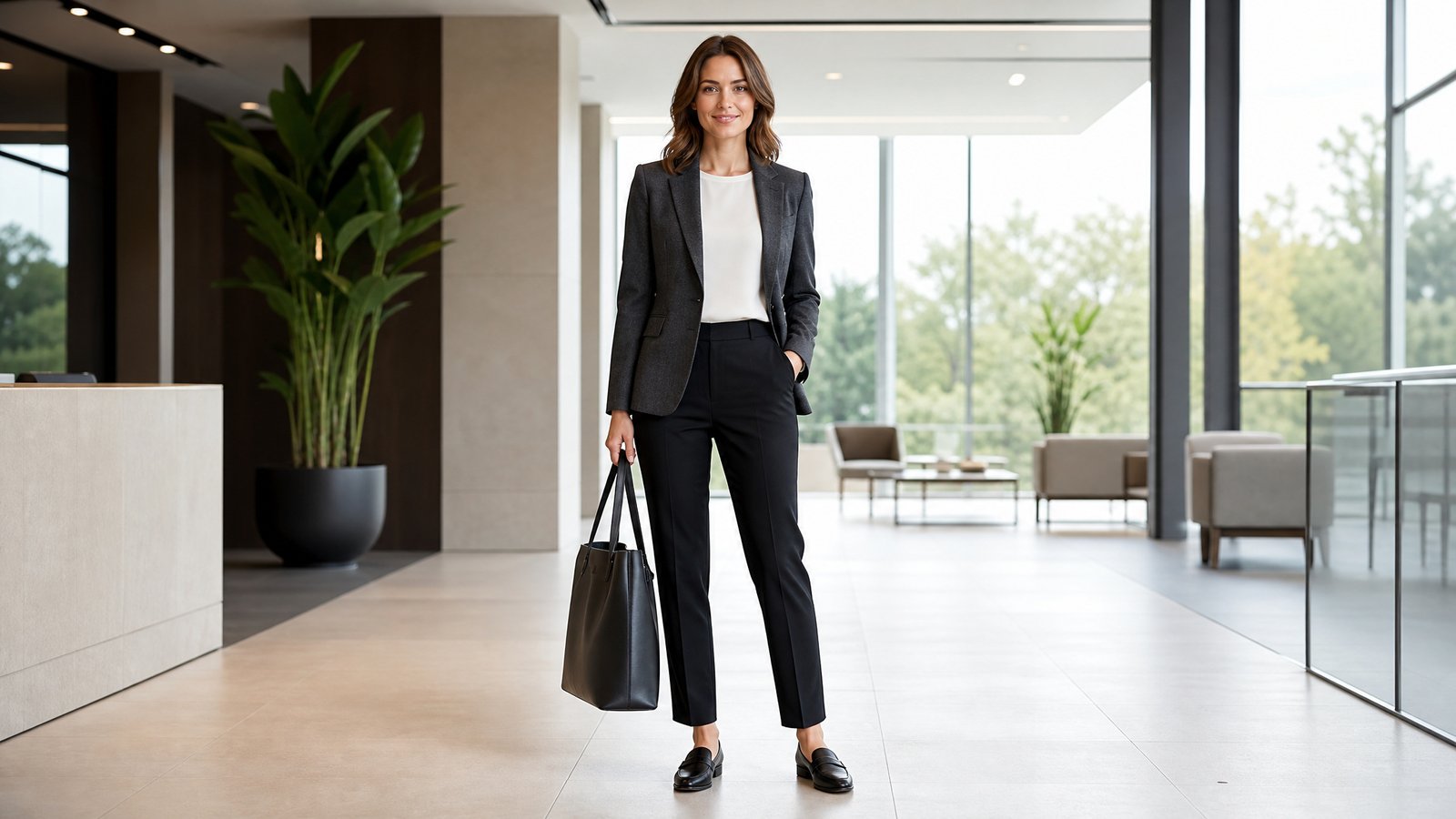 Early 30s professional woman in a charcoal structured blazer and tailored trousers, workwear capsule for the office