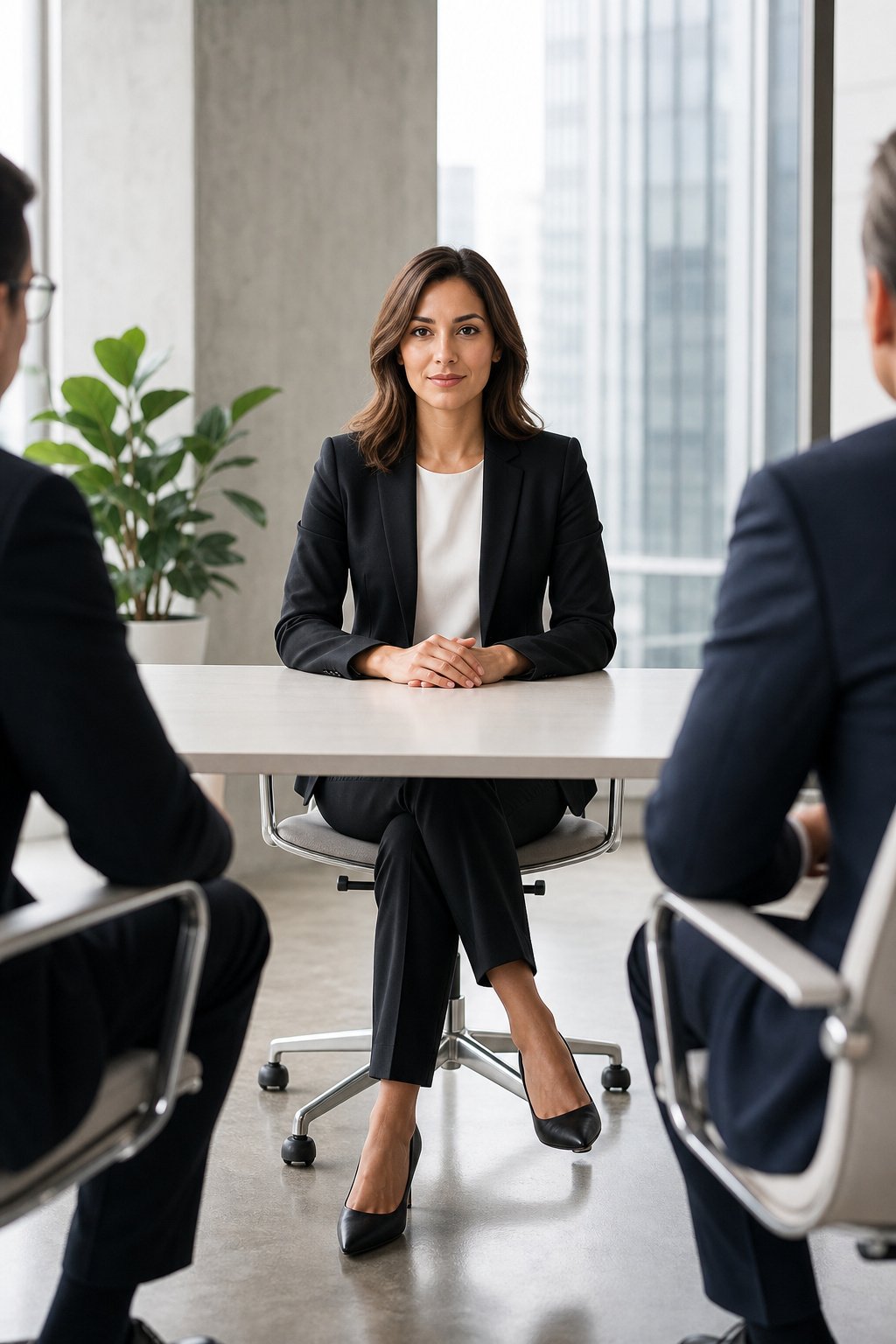 Early 30s woman in a black tailored blazer with a white top and dark tailored trousers for an interview