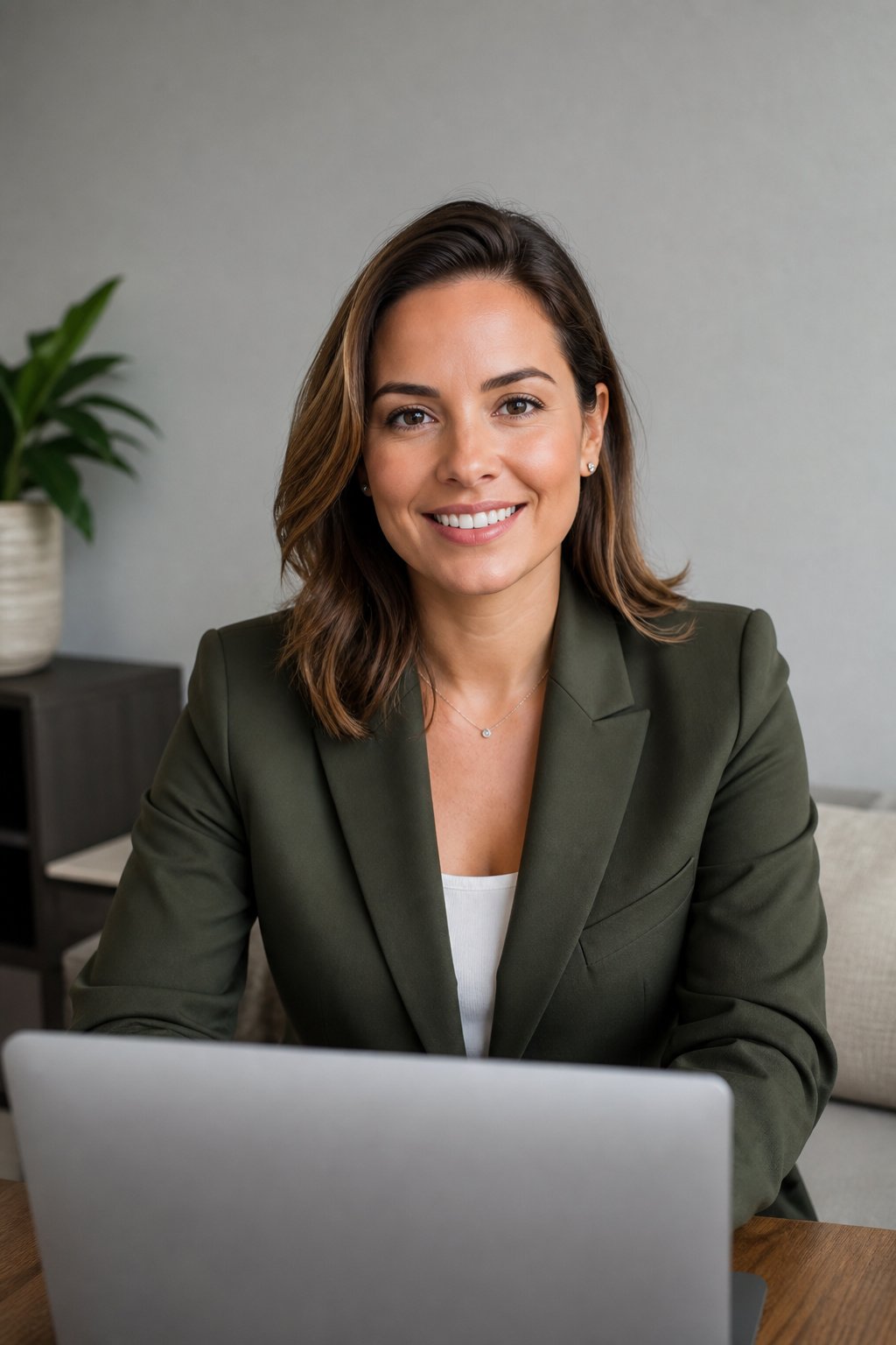 Woman on a home office video call wearing a structured olive blazer with a simple top, camera-ready