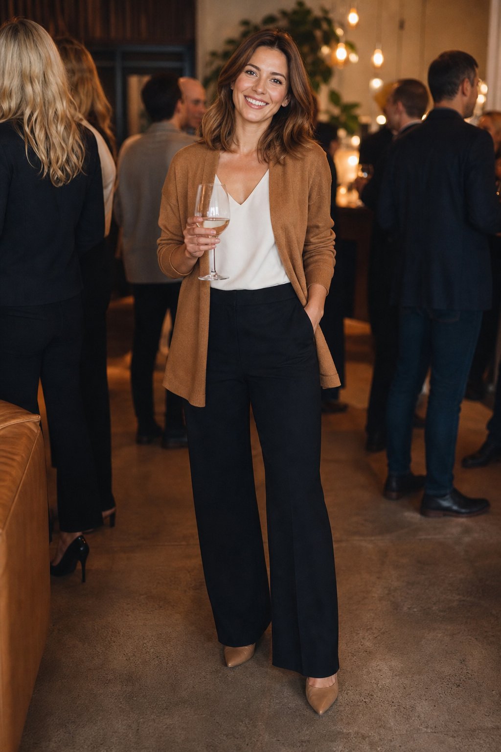 Smart casual networking outfit with a caramel soft knit cardigan over a white top and dark trousers