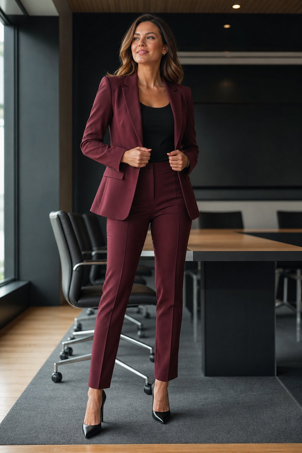 Confident early 30s professional woman adjusting a sharp burgundy blazer, ready to lead a meeting