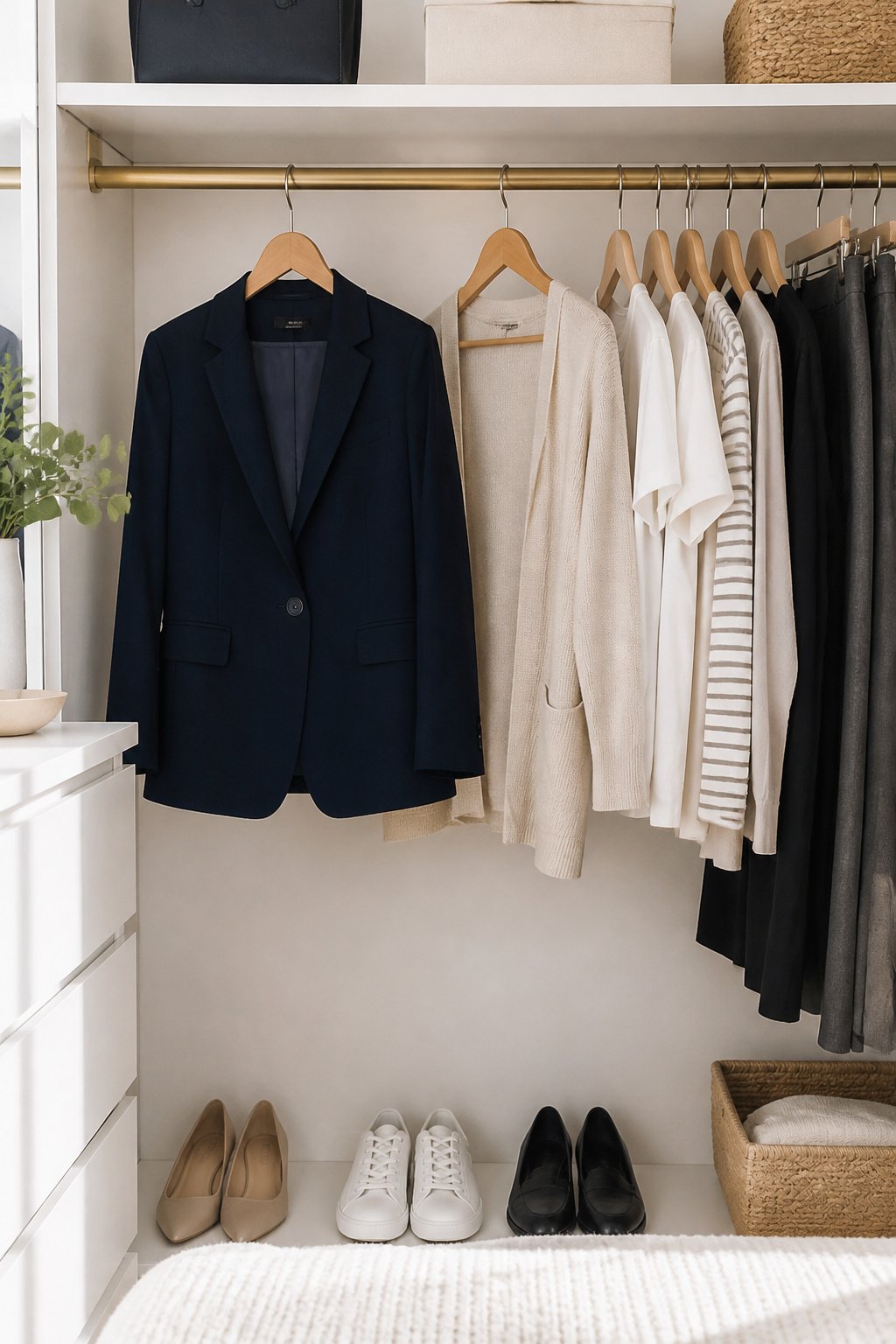 Versatile layering flat lay and wardrobe setup with a structured blazer and knit cardigan in neutral colors