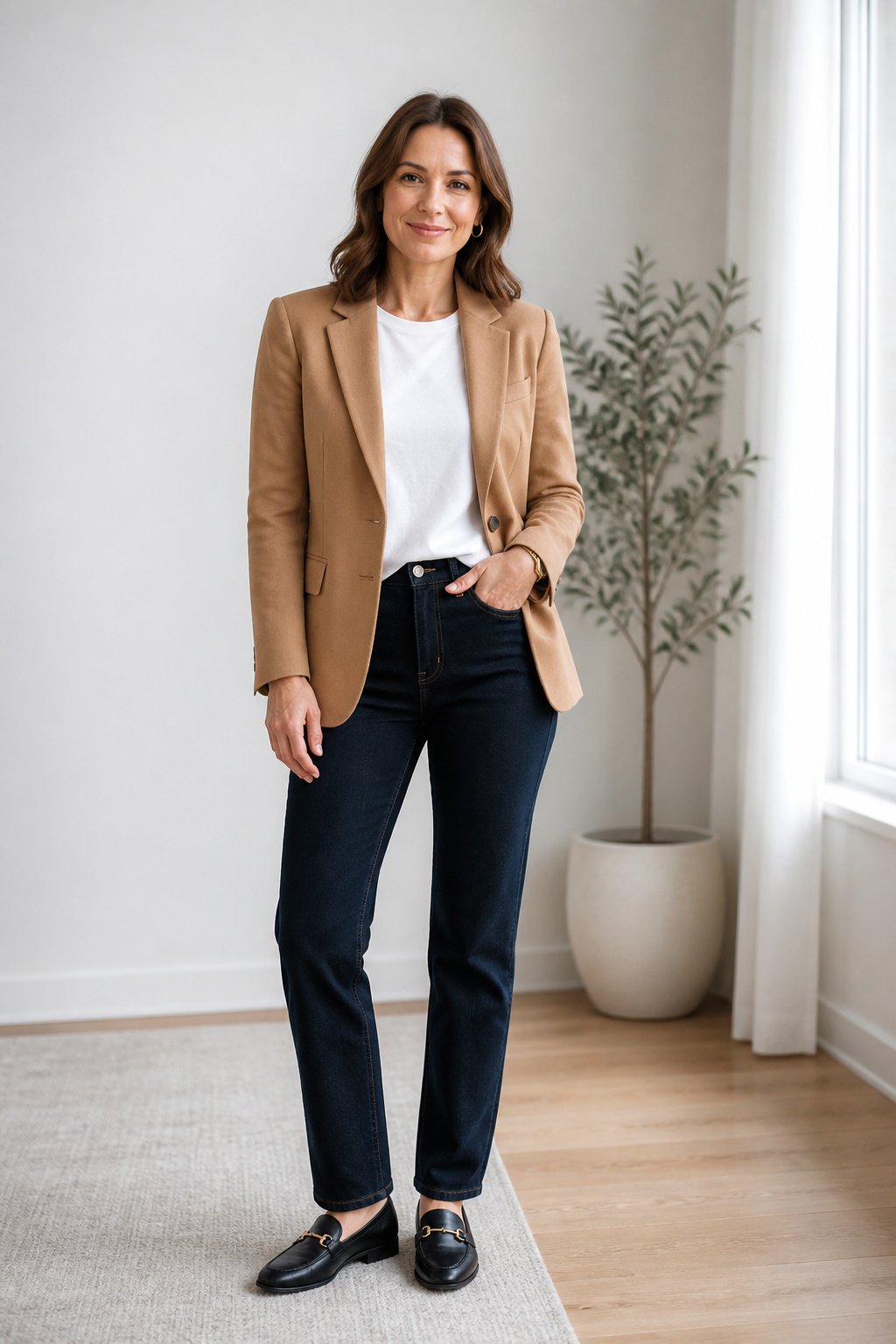 Woman in her early 40s wearing a camel blazer over a white tee and straight jeans with loafers