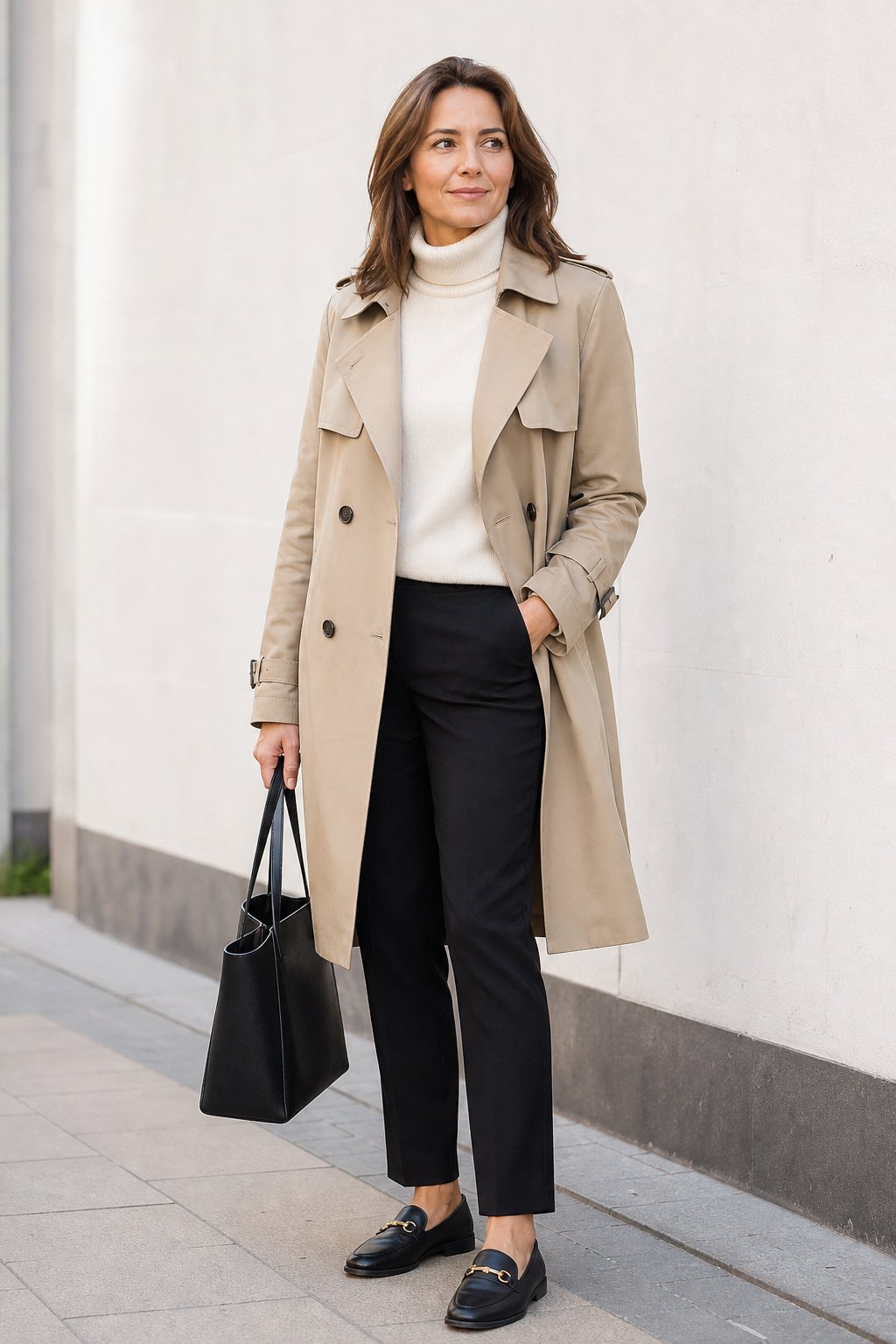 Woman wearing a beige trench coat over a cream turtleneck and black trousers