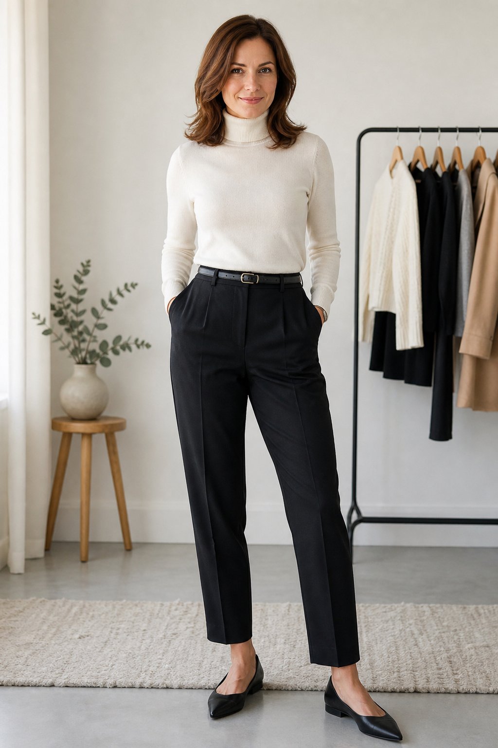Woman wearing a fitted cream turtleneck tucked into high-waist black trousers with a belt