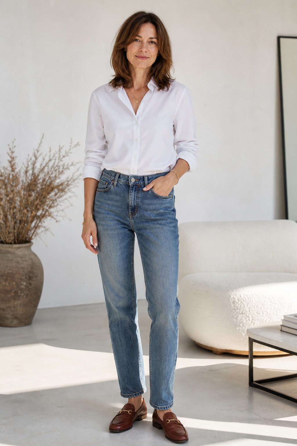 Woman wearing straight-leg medium-wash jeans tucked into a white button-up with brown loafers