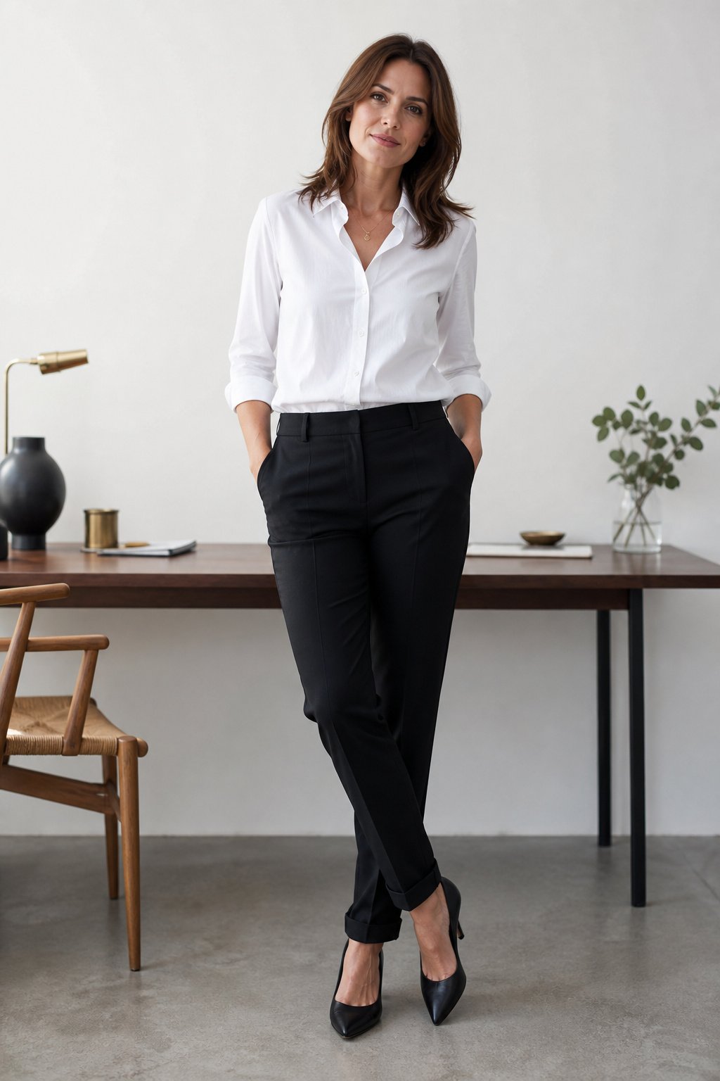 Woman wearing a crisp white button-up with rolled sleeves tucked into black trousers with a gold necklace