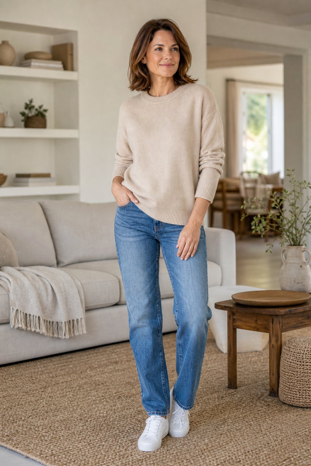 Woman wearing a soft beige crewneck knit with straight jeans and white sneakers