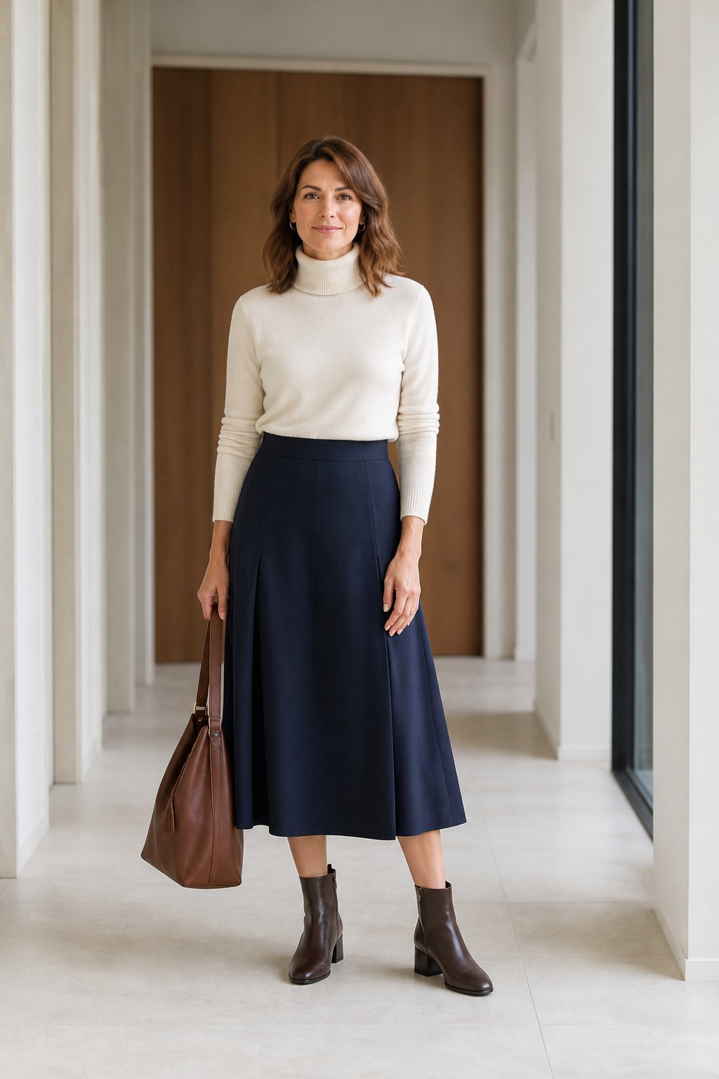 Woman wearing a navy midi skirt with a tucked cream turtleneck and low block-heel boots