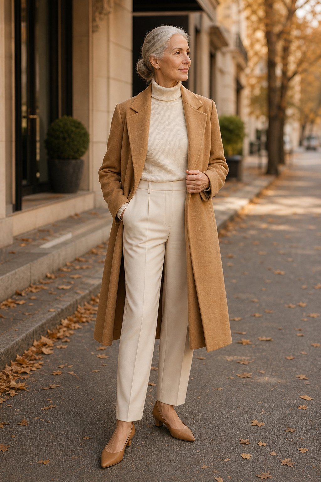 stylish woman over 50 in camel coat and cream turtleneck and tailored cream trousers on elegant street