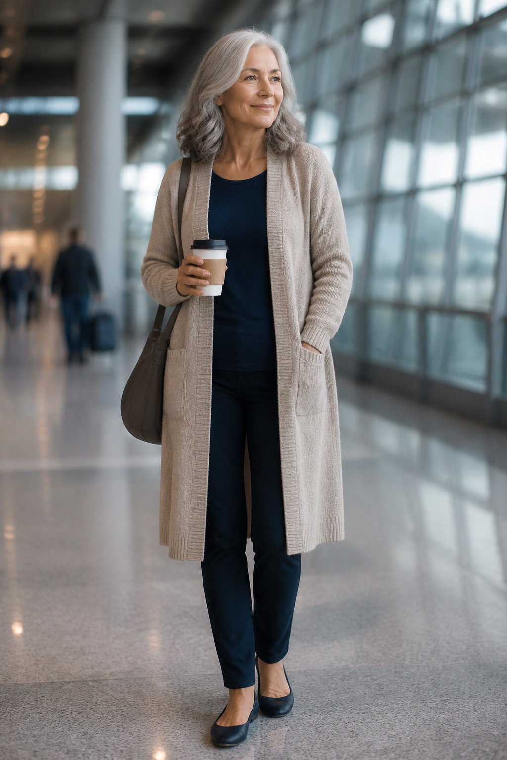 Woman in her early 60s wearing a long oatmeal knit cardigan over a navy tee with slim dark pants at an airport