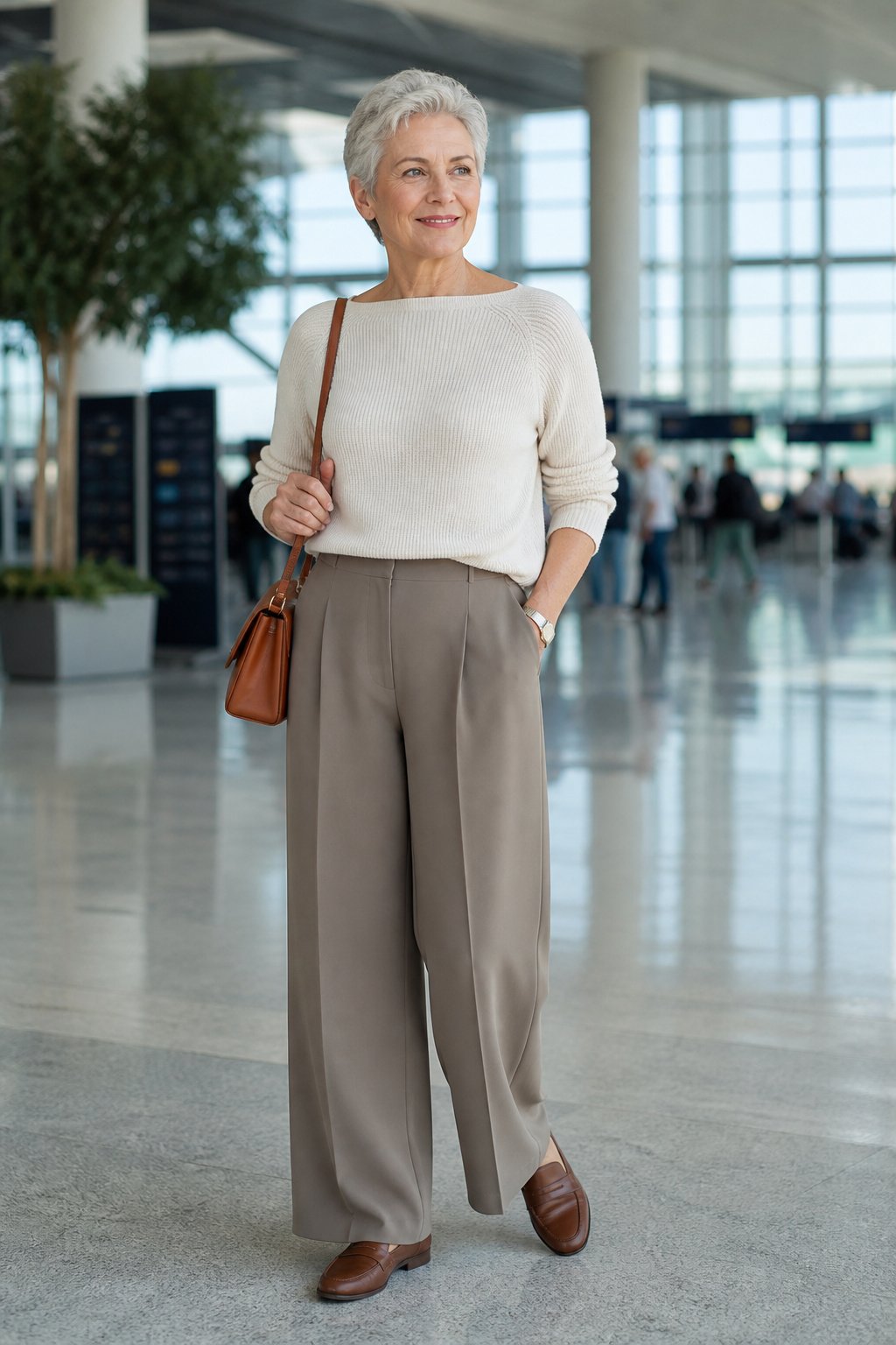 Woman over 50 wearing wide-leg taupe trousers, cream knit top, and brown leather slip-on loafers in an airport departure hall