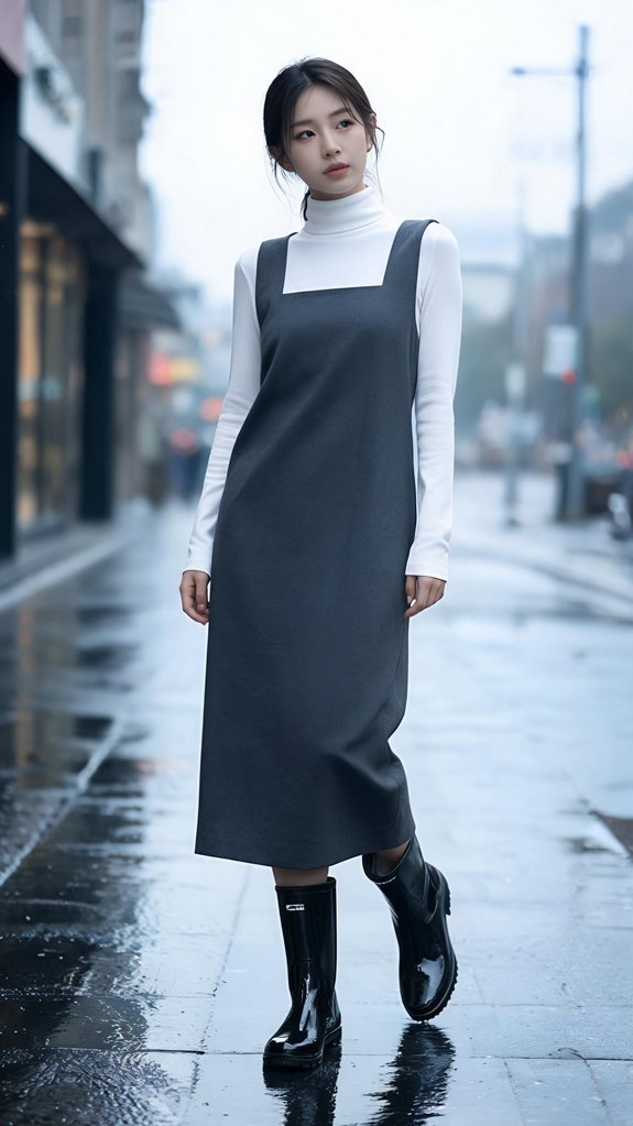 charcoal dress cream turtleneck matte black rain boots