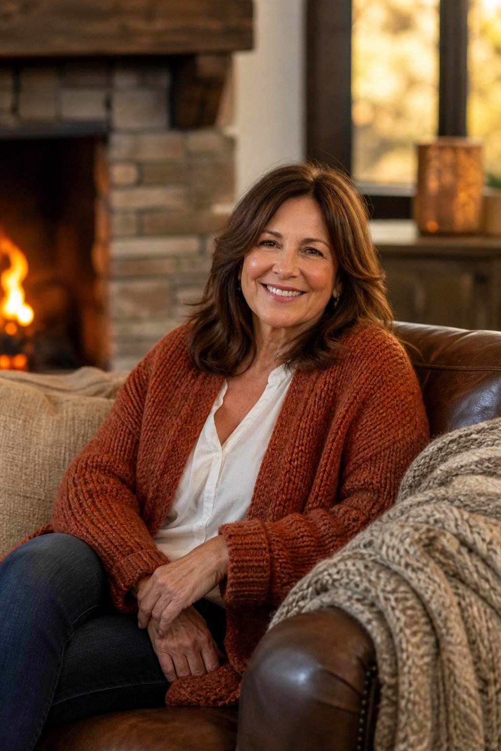 happy woman in her 50s wearing rust chunky knit cardigan and dark jeans by a fireplace
