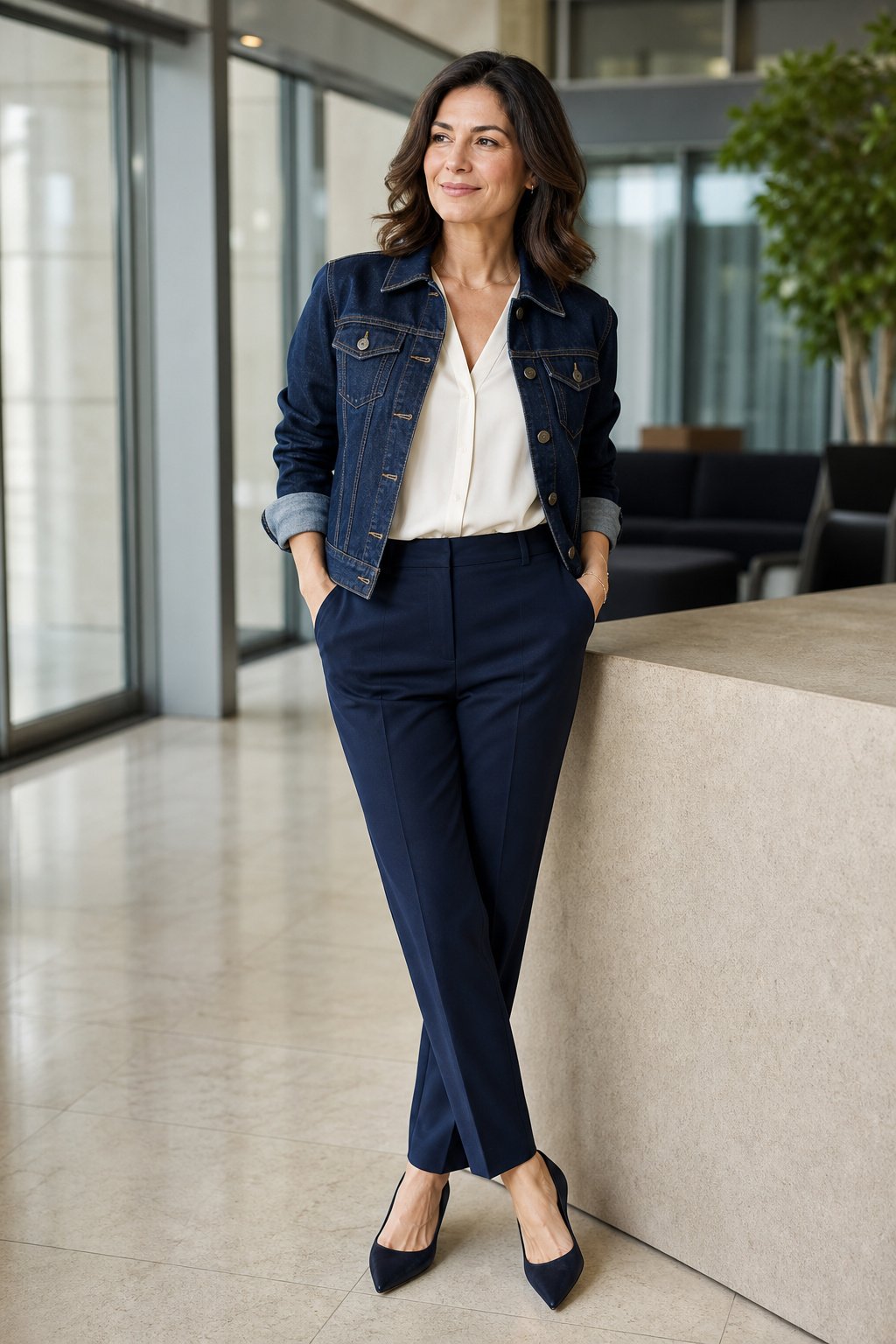 Woman in her early 40s wearing a dark-wash denim jacket over a cream silk blouse with navy trousers at a modern office