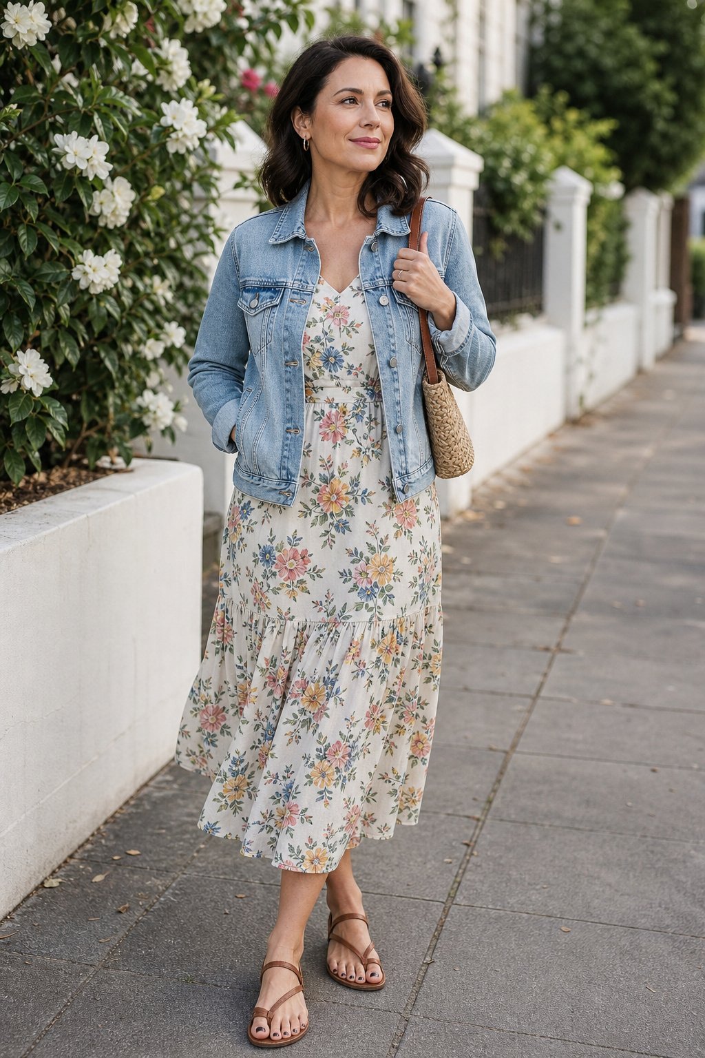 Woman in her early 40s wearing a pale denim jacket open over a floral midi dress with sandals