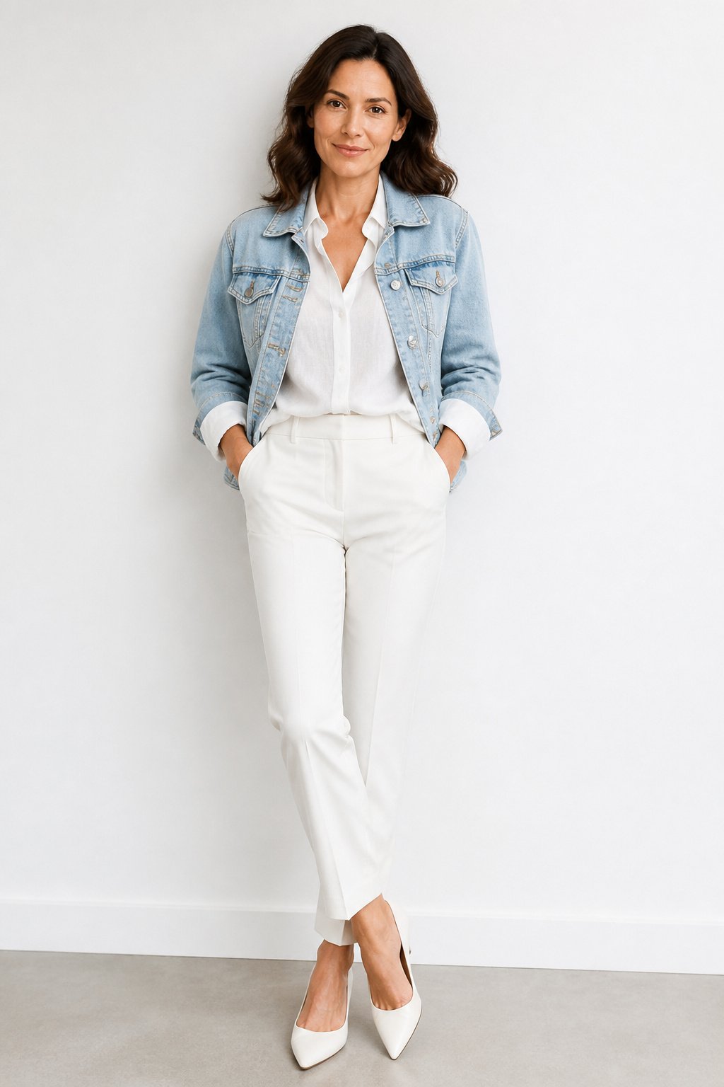 Woman in her early 40s wearing a light denim jacket with all-white clothing layers in a minimal modern look