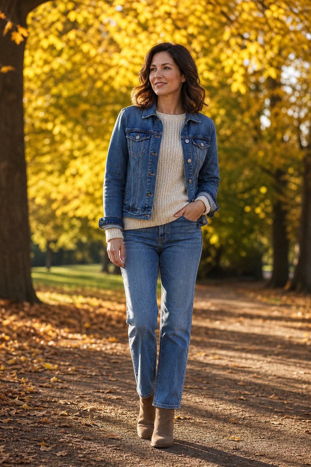 Woman in her early 40s wearing a denim jacket over a cozy cream knit sweater with jeans and suede ankle boots among autumn trees