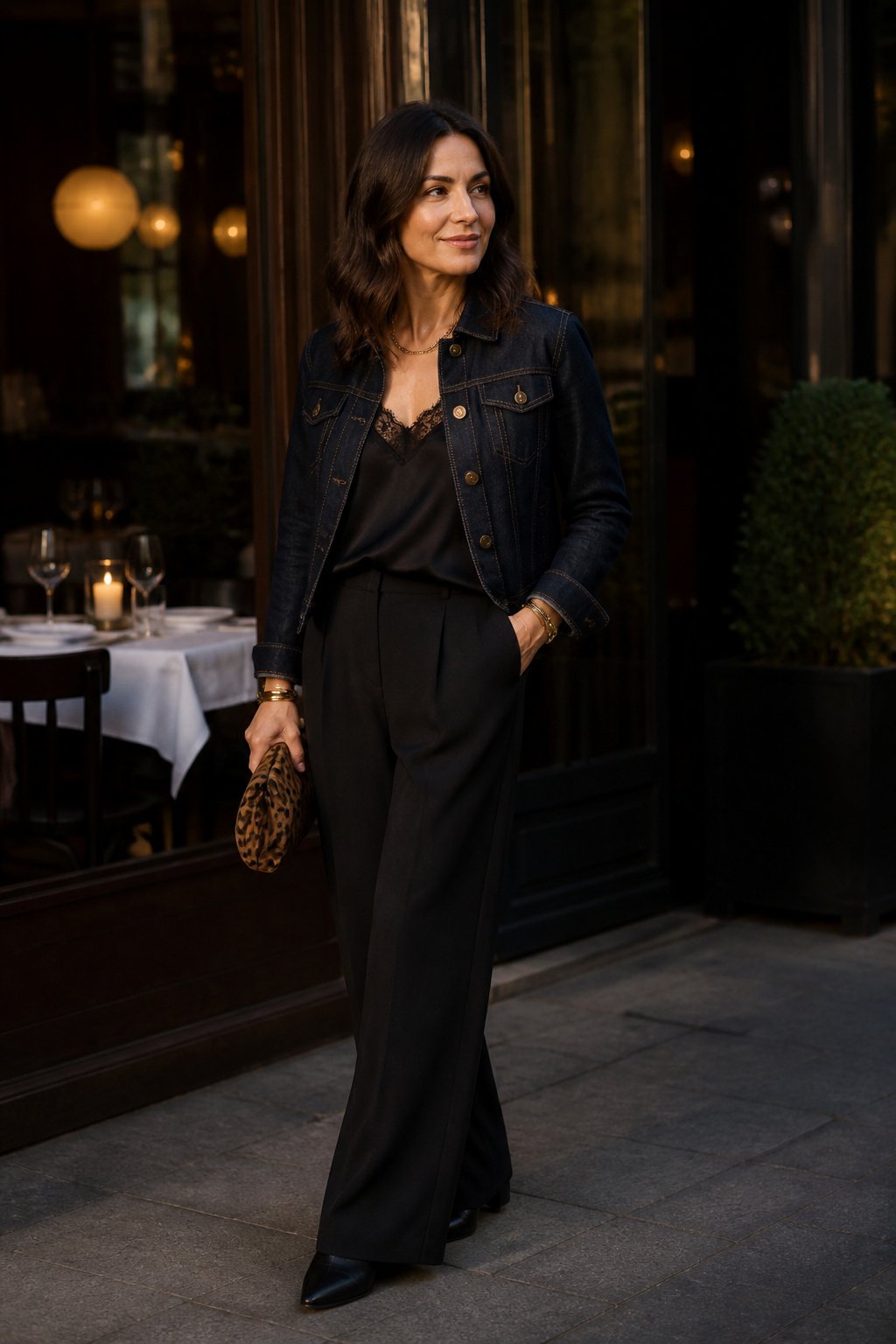 Woman in her early 40s wearing a dark denim jacket over a black silk camisole with wide-leg trousers and heeled boots outside a restaurant in the evening