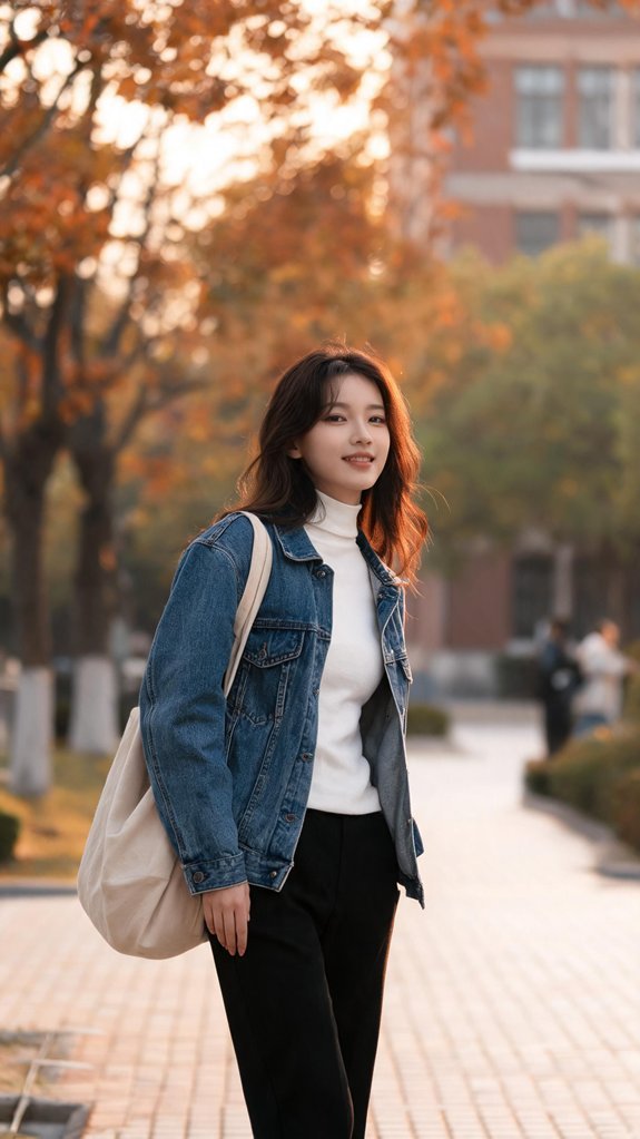 denim jacket layering contrast