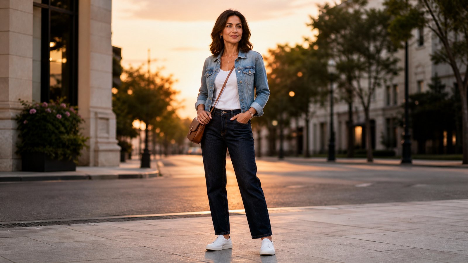 Woman in her early 40s wearing a light-wash denim jacket over a white ribbed top and dark jeans with white sneakers on a city street, how to style a denim jacket
