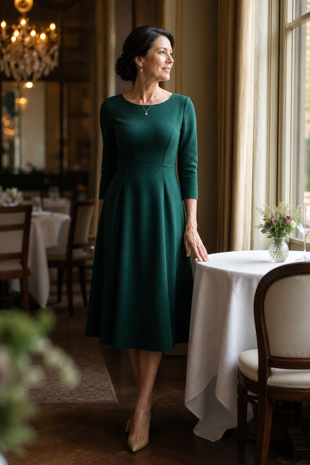 Woman over 50 in an emerald A-line midi dress with a small pendant by a restaurant window