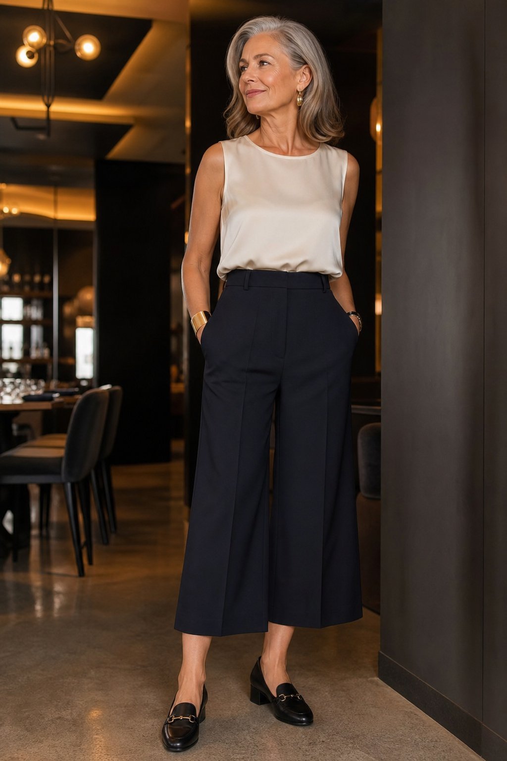 Woman over 50 in a cream silk shell top and navy wide-leg culottes in a restaurant lounge