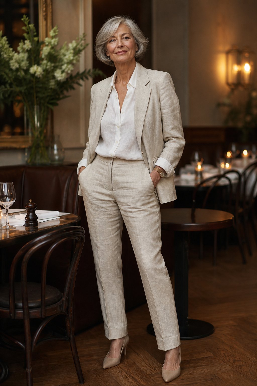 Woman over 60 in a soft oatmeal pantsuit with a white linen blouse in a bistro