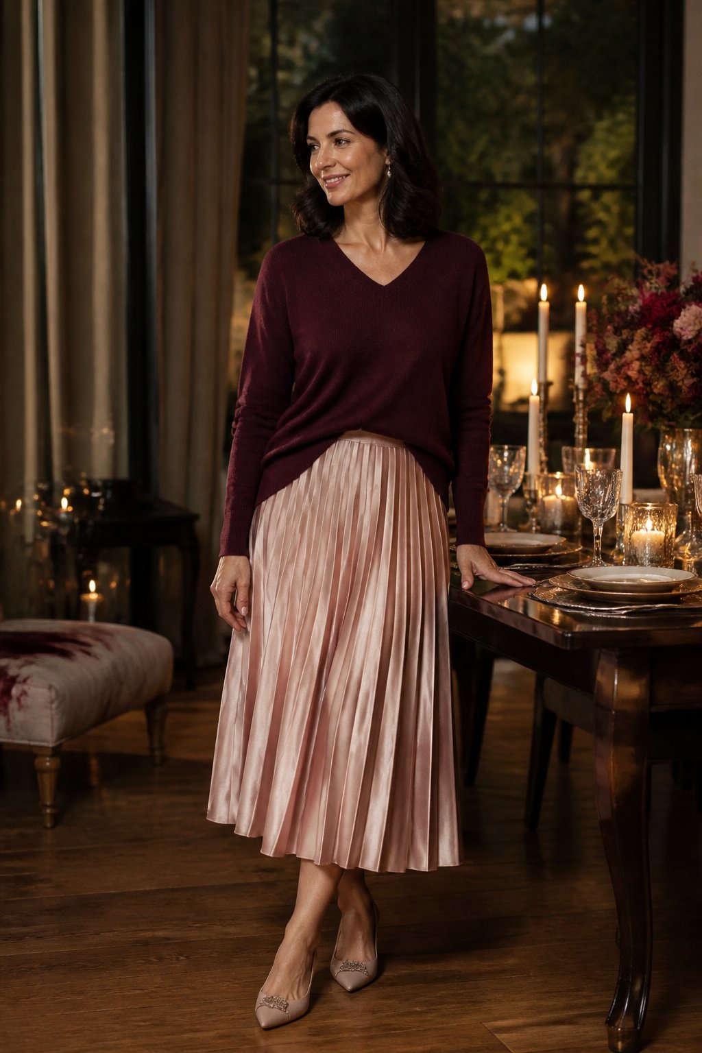 Woman over 50 in a blush pleated satin skirt and burgundy V-neck sweater at a candlelit table