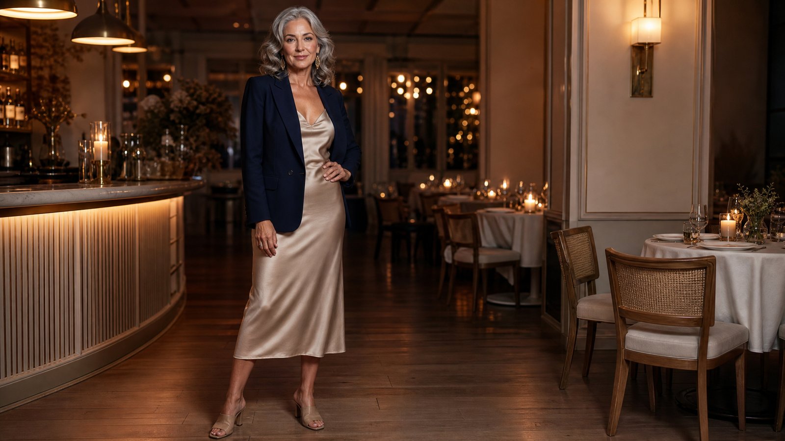 Elegant woman over 50 in a champagne satin slip dress and navy blazer at a candlelit dinner restaurant, featured image