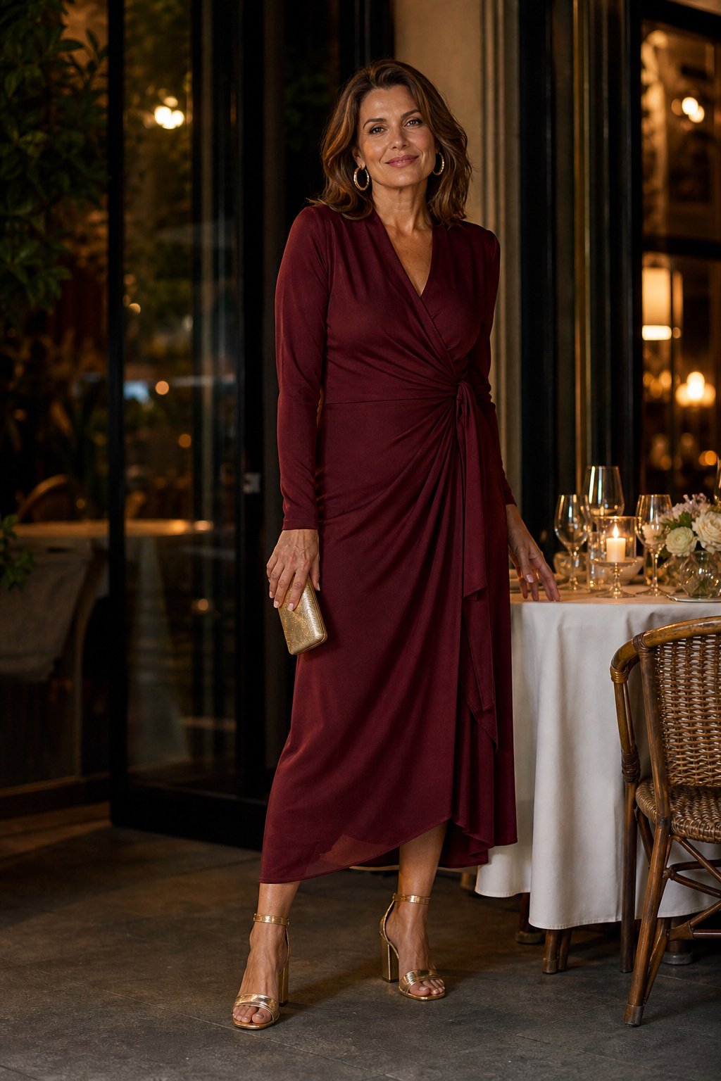 Woman in her late 40s wearing a burgundy wrap dress and gold block heels for date night