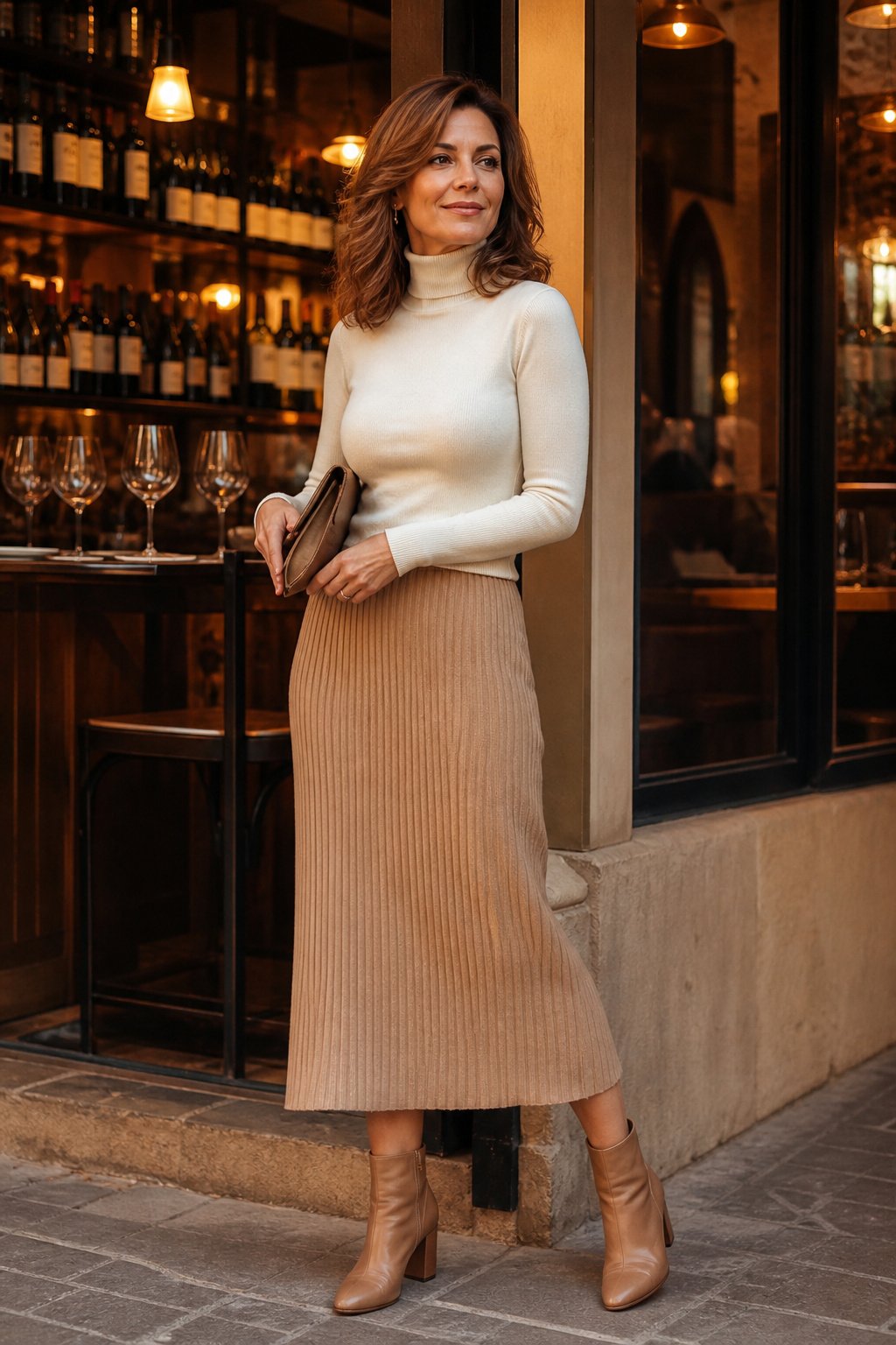Knit midi skirt styled with a fitted cream turtleneck, feminine date night outfit for women over 40