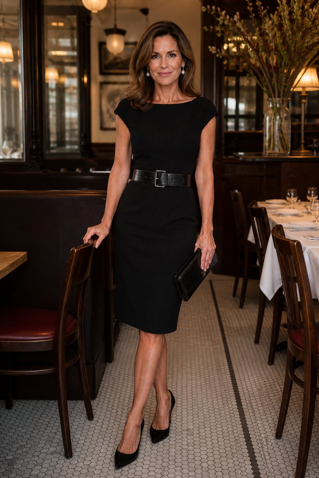 Classic little black dress with a statement belt and elegant jewelry for date night