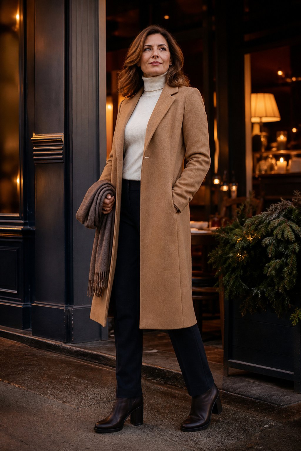 Fitted turtleneck layered under a long wool coat with slim trousers, cozy date night outfit