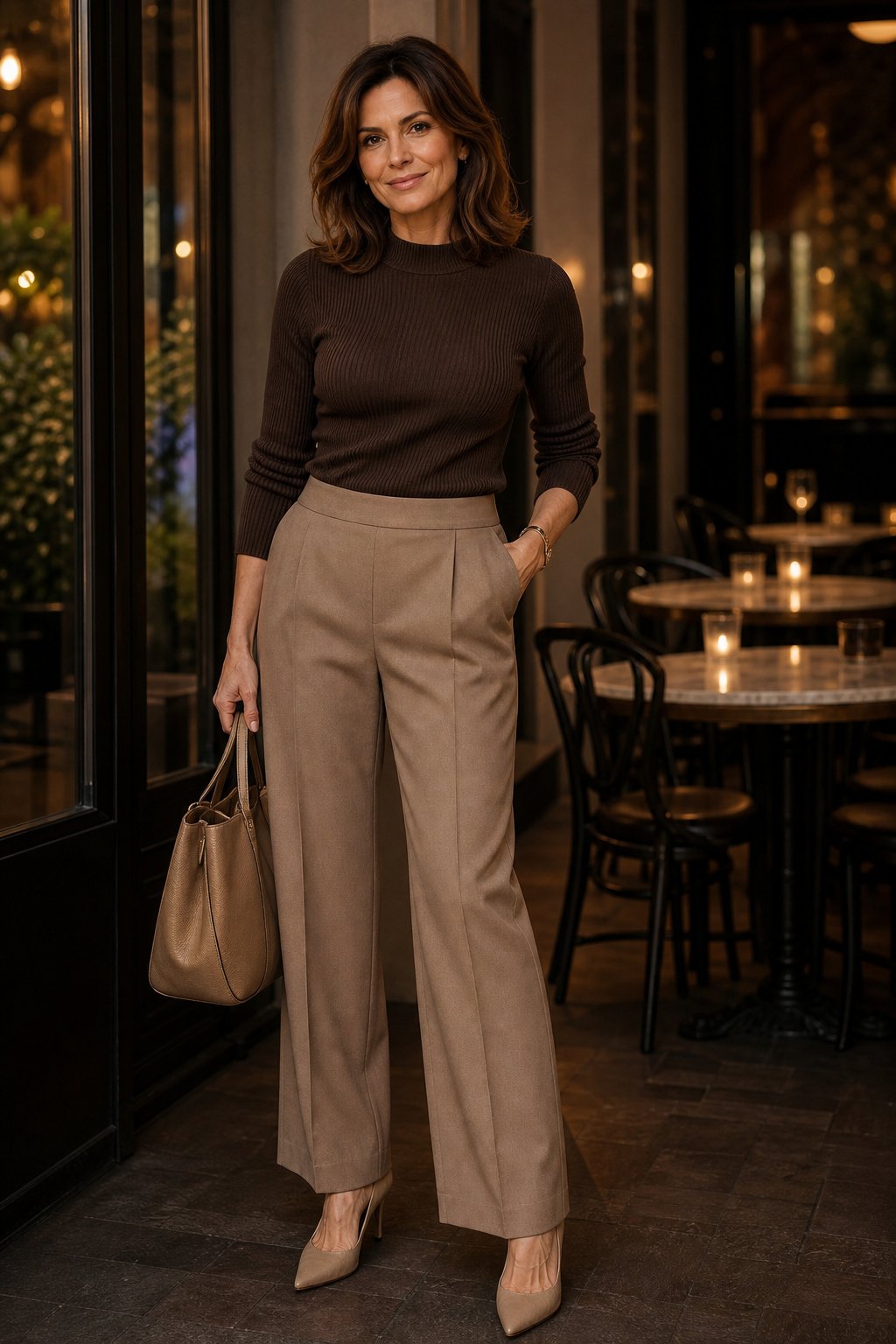Monochrome neutral outfit with textured knit top and matching trousers for date night