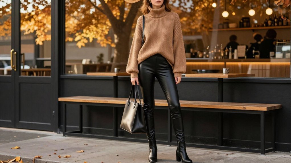 edgy leather cocoa ensemble