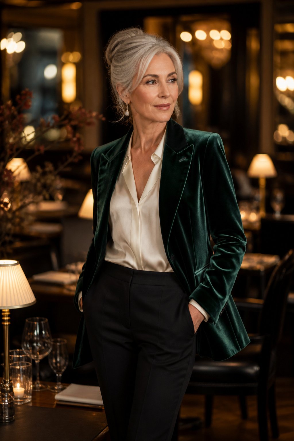 sophisticated woman around 55 in emerald velvet blazer and silk blouse at evening venue