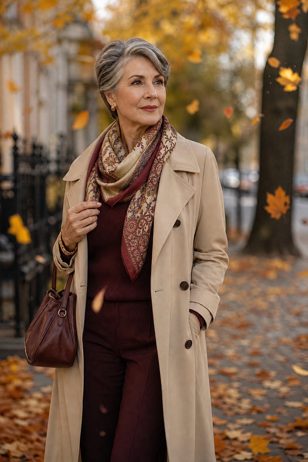 mature woman in beige trench coat with burgundy silk scarf and leather handbag in autumn