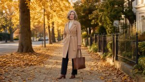 Elegant woman in her 50s in a camel wrap coat over a cream turtleneck with low block-heel ankle boots on an autumn sidewalk, fall shoe style
