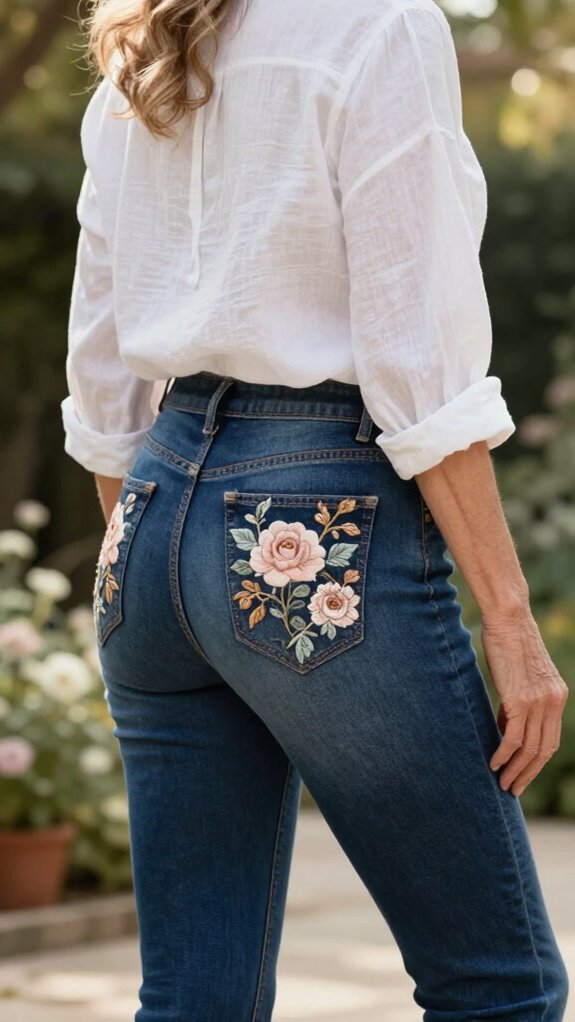 floral embellished denim pockets
