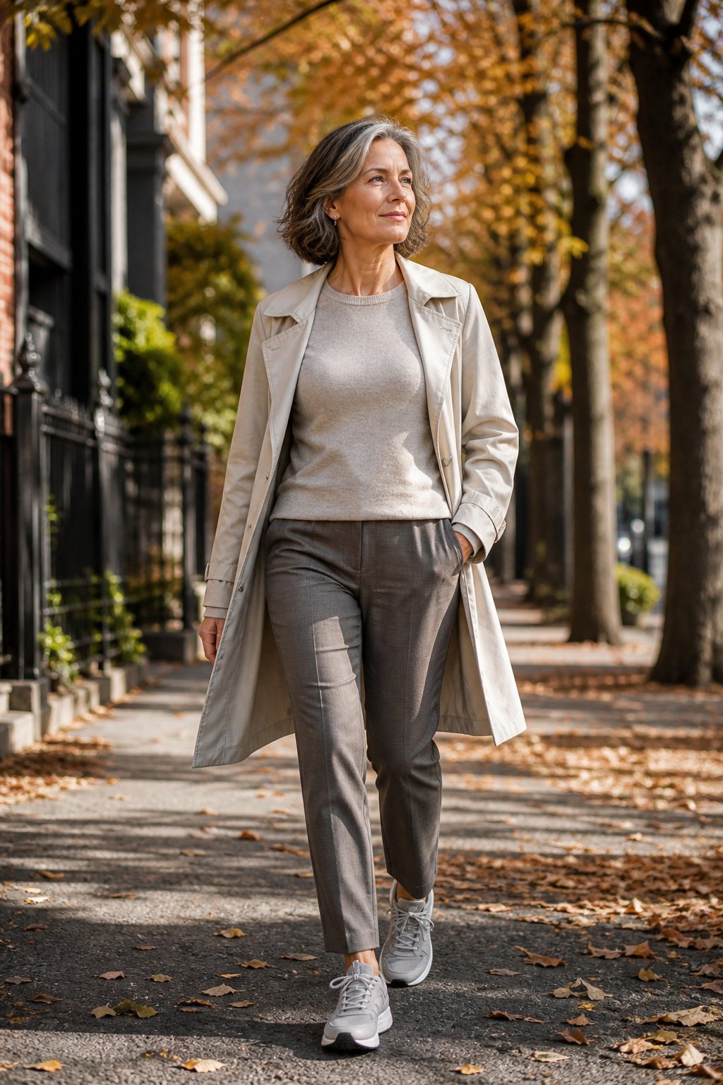 Supportive walking sneakers paired with fall trousers and a knit top for a woman in her 50s