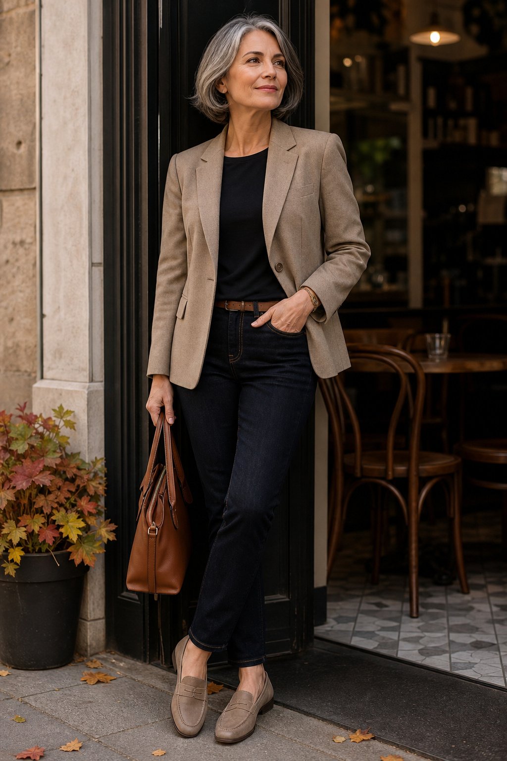 Comfortable slip on loafers with dark jeans and a blazer for a smart casual fall look