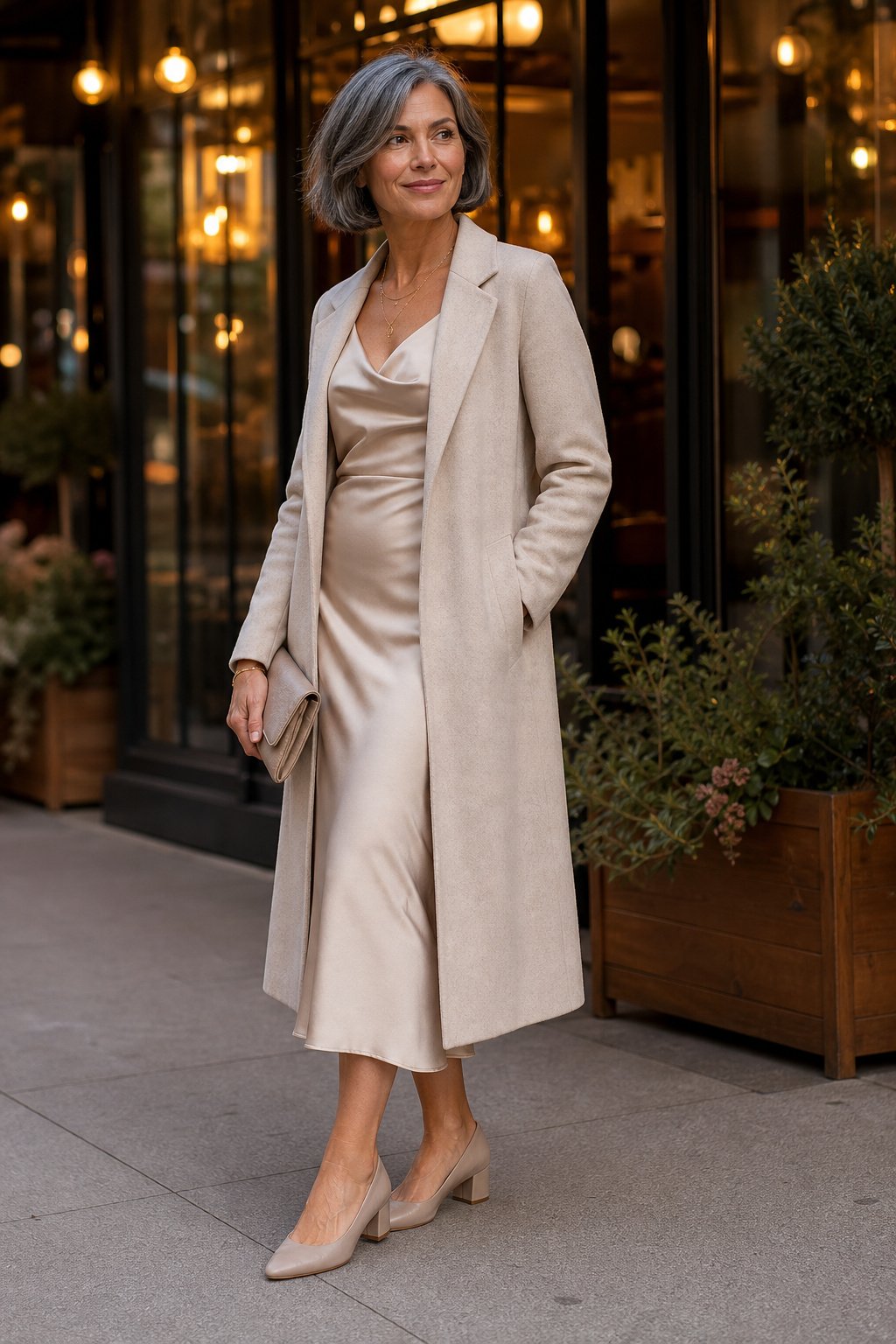 Low block heel pump in a neutral color styled with a fall dress and tailored coat