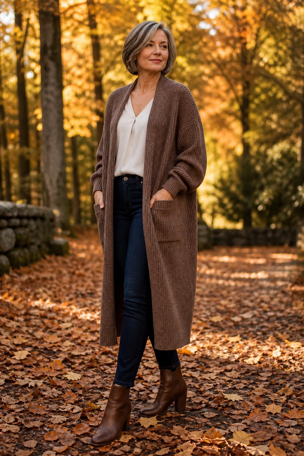 Chunky heel ankle boots with jeans and a long cardigan for autumn outfits