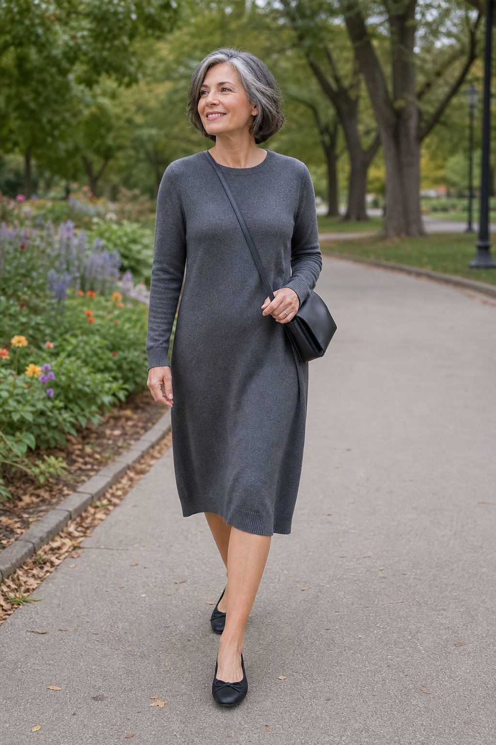 Cushioned ballerina flat styled with a knit dress and crossbody bag for daytime