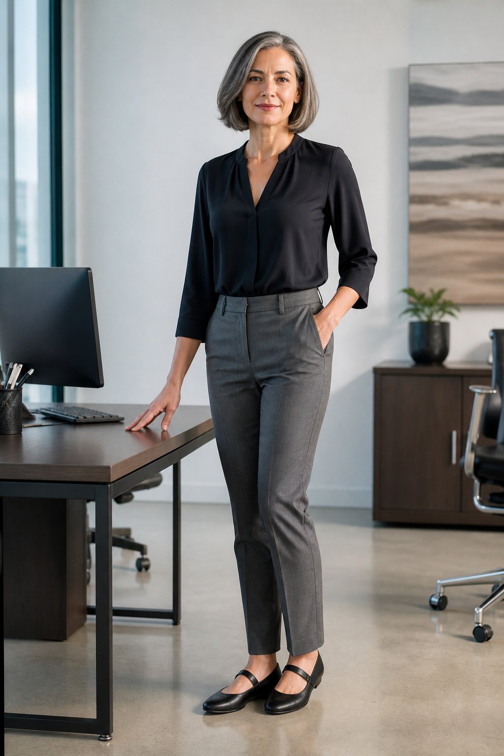 Memory foam mary jane flat with tailored trousers and a structured blouse
